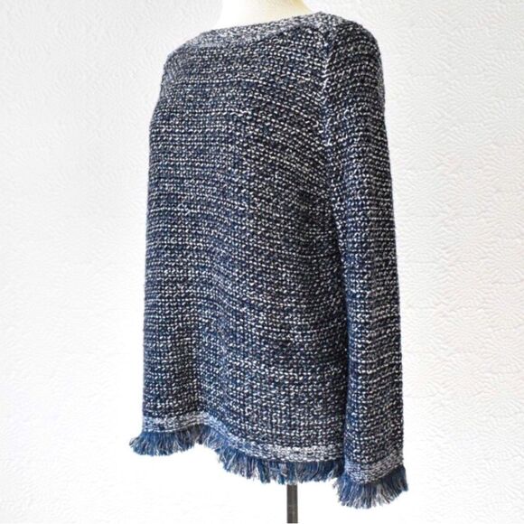 Ann Taylor Navy Blue Metallic Silver Sequin Boat Neck Fringed Knit Sweater - Picture 6 of 16